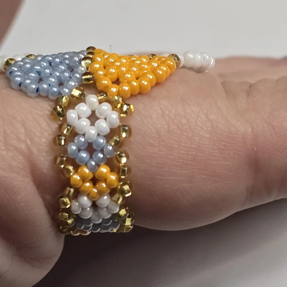Handmade Yellow Blue‎ White Beaded Flower Ring New Size 11